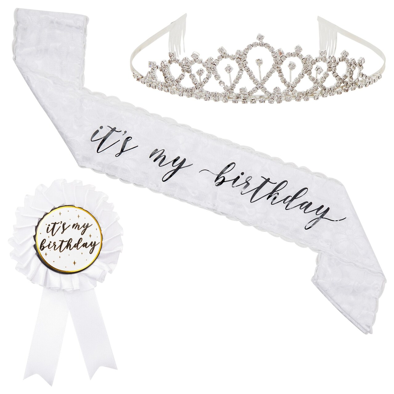 It&#x27;s My Birthday Sash, Silver Rhinestone Tiara Crown, Ribbon Badge Pin for Women (White, 3 Piece Set)